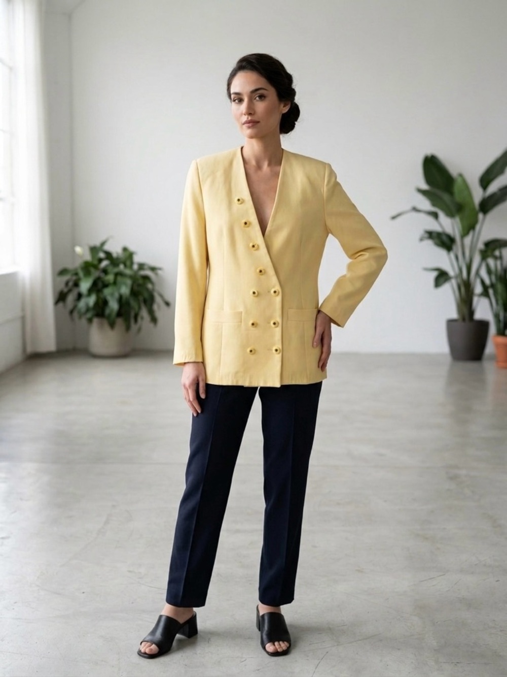 En-Şah Yellow Double-Breasted V-Neck Blazer Jacket
